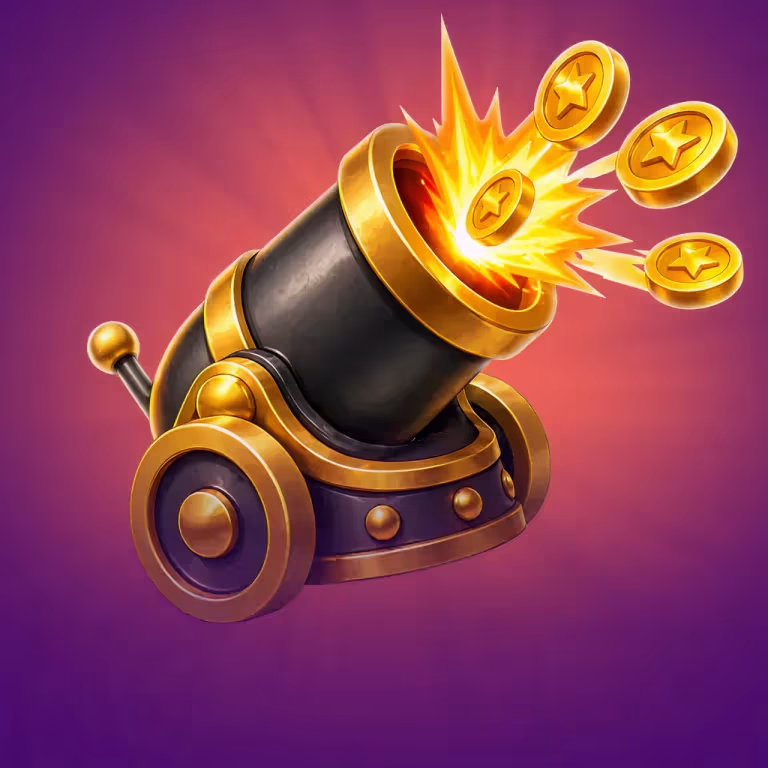 A classic black and gold cannon firing bright golden star coins into the air on a purple background at LuckyGans Casino.